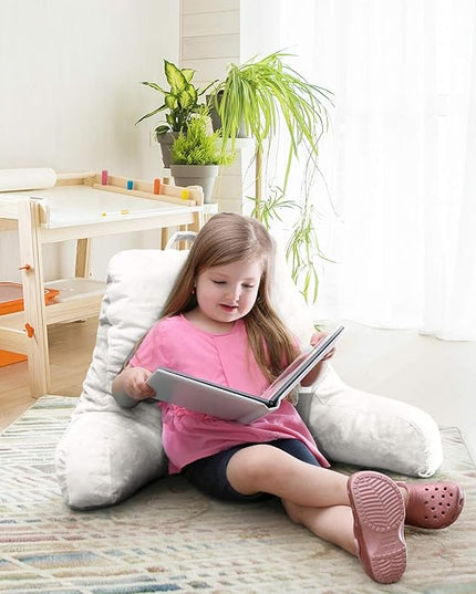 Clara Clark Reading Pillow for Kids, Small Back Pillow for Sitting Up in Bed, Memory Foam Back Support Pillow, Reading Pillows for Sitting in Bed, White Gaming Pillow for Bed with Arms and Pockets - LeafyLoom