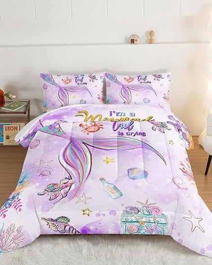 HOSIMA Kids Mermaid Comforter Set with 2 Pillowcases,Watercolor Ocean Life Sea Animal Mermaid Tail Pattern Bedding Set,Light Purpl Comforter for Teens Girls Women Bedroom Twin Bed in a Bag. - LeafyLoom