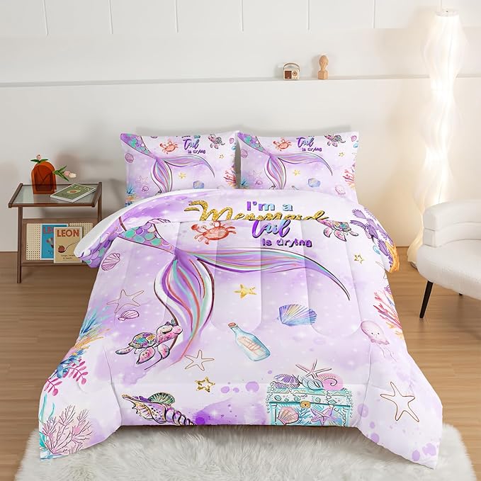 HOSIMA Kids Mermaid Comforter Set with 2 Pillowcases,Watercolor Ocean Life Sea Animal Mermaid Tail Pattern Bedding Set,Light Purpl King Size Comforter Set for Teens Girls Women Bedroom Decor. - LeafyLoom