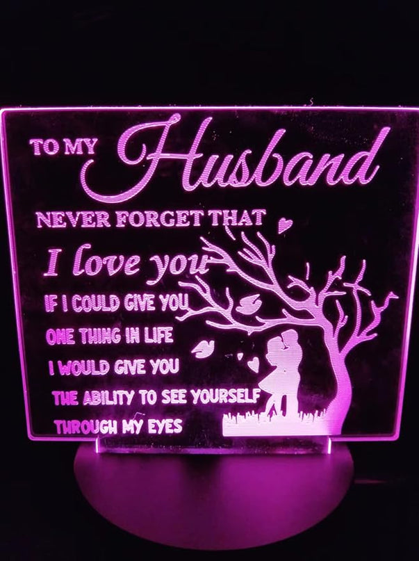 to My Husband from Wife, to My Husband 3D Optical Illusion 2 Functions 7 Color RGB Colorful USB Charging or AA Battery - Acrylic Panel Birthday Wedding Gifts for Husband - LeafyLoom