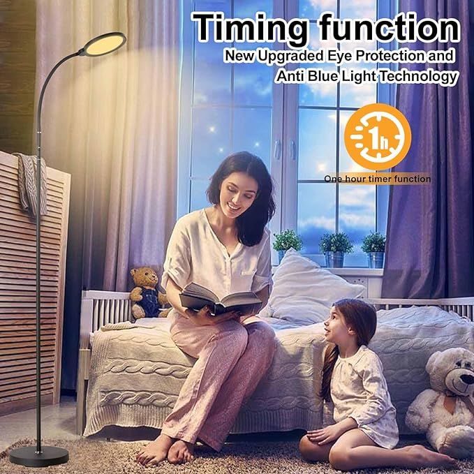 LED Floor Lamp, 12W/1000LM Reading Light, 3 Color Temperatures Bright Modern Tall Lamp, Adjustable Gooseneck Standing Lamp with Remote & Touch Control for Living Room, Bedroom, Office - LeafyLoom