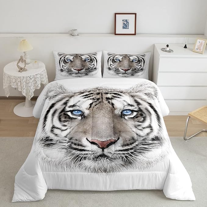 Erosebridal Boys Tiger Comforter Set King Size, Wild Animal Print Down Comforter for Boys Girls Teens Adult Bedroom, Grey Tiger Skin Duvet Insert Black White Stripe Bedding Comforters for Bedroom - LeafyLoom