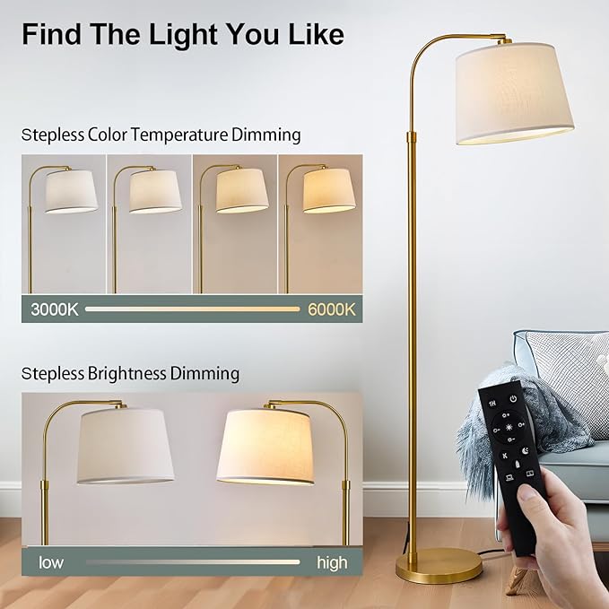 Oneach 62" Gold Floor Lamp for Living Rooms Tall Arc Standing Lamps with remote Bedrooms Industrial Corner Nursery Girls Kid Vintage Mid-Century Modern Reading Light Office(Bulb Included) - LeafyLoom