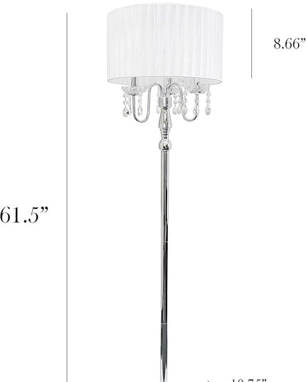 Elegant Designs LF1002-WHT Romantic Cascading Hanging Crystals Sheer Drum Shade Chrome Floor Lamp, White - LeafyLoom