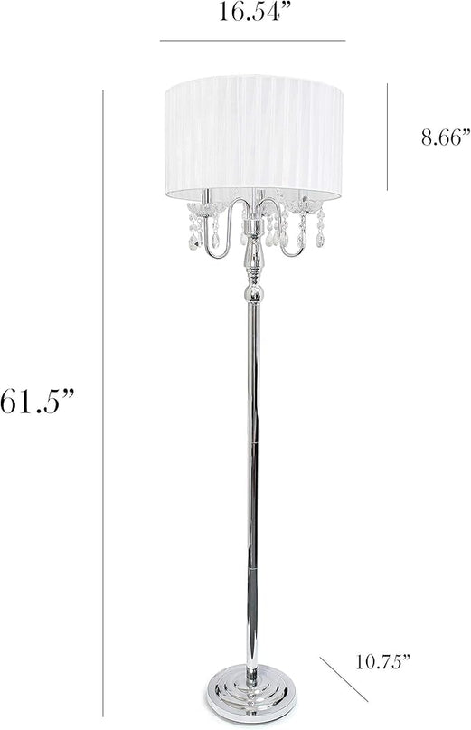 Elegant Designs LF1002-WHT Romantic Cascading Hanging Crystals Sheer Drum Shade Chrome Floor Lamp, White - LeafyLoom