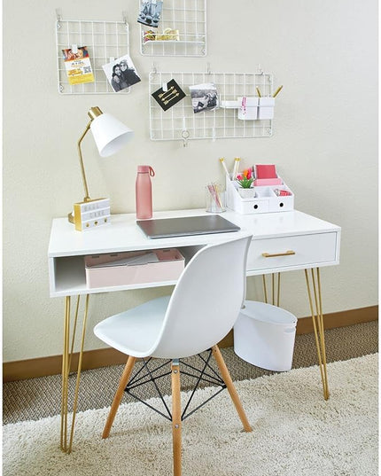 mDesign Metal/Wood Modern Computer Desk - Minimalist Desk and Computer Table with Drawer - Simple Desk with Storage Cubby and Hairpin Legs - Small Work Desk for Home Office, Study - White/Soft Brass - LeafyLoom