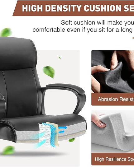 Office Chair - Mid-Back Computer Desk Chair with Armrests, Height Adjustable Home Chair, 360-Degree Swivel, Lumbar Support, PU Leather, Black, Modern - LeafyLoom