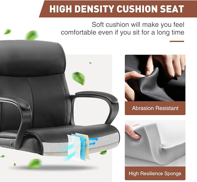Office Chair - Mid-Back Computer Desk Chair with Armrests, Height Adjustable Home Chair, 360-Degree Swivel, Lumbar Support, PU Leather, Black, Modern - LeafyLoom