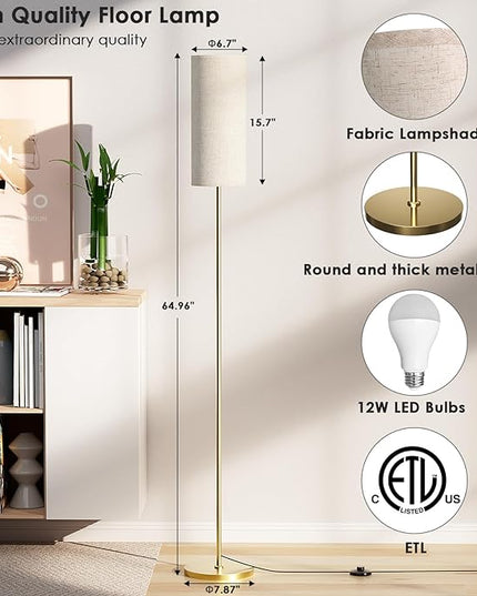 Floor Lamp for Living Room, Modern Standing lamp with Remote Control, Stepless Dimmable 12W Bulb & Beige Lampshade Included, Gold Pole Tall Floor Lamp for Bedroom Office - LeafyLoom