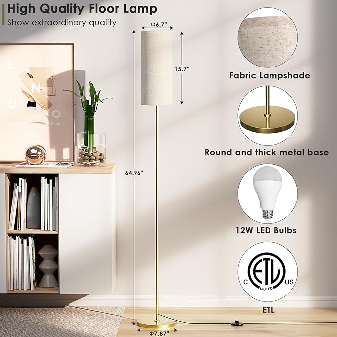 Floor Lamp for Living Room, Modern Standing lamp with Remote Control, Stepless Dimmable 12W Bulb & Beige Lampshade Included, Gold Pole Tall Floor Lamp for Bedroom Office - LeafyLoom