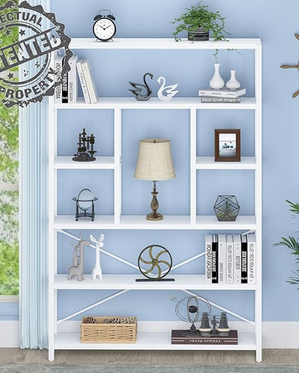 LVB 6 Tier Tall White Bookshelf, Big Metal Wooden Book Shelves Storage, Modern Large Bookcases and Bookshelves 6 Shelf, Farmhouse Open Vertical Display Book Shelf for Bedroom Living Room Office, White - LeafyLoom