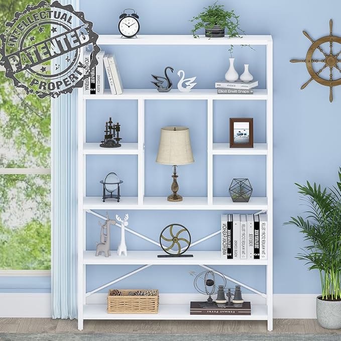 LVB 6 Tier Tall White Bookshelf, Big Metal Wooden Book Shelves Storage, Modern Large Bookcases and Bookshelves 6 Shelf, Farmhouse Open Vertical Display Book Shelf for Bedroom Living Room Office, White - LeafyLoom