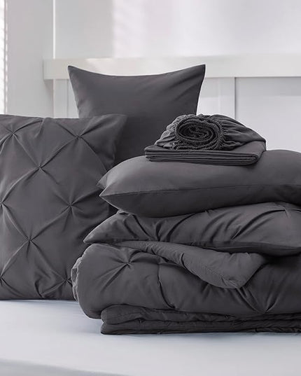 Bedsure King Size Comforter Set - Bedding Set King 7 Pieces, Pintuck Bed in a Bag Dark Grey Bed Set with Comforter, Sheets, Pillowcases & Shams - LeafyLoom