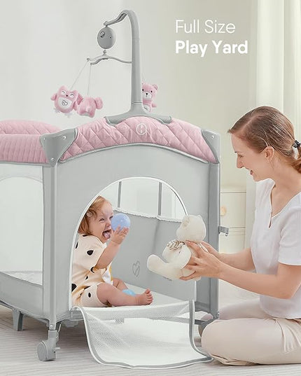 BabyBond Baby Bassinet Bedside Crib, Pack and Play with Sheet, Diaper Changing Table and Music Mobile from Newborn to Toddles, Portable Large Playard - LeafyLoom