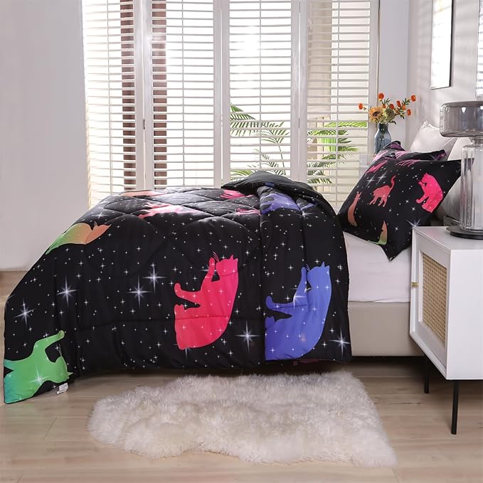 ENCOFT Cat Full Bedding Comforter Set Full for Girls and Boys Premium 3 Piece Cats Bedding Set Black Comfortable and Breathable for Teens and Adults with 1 Comforter and 2 Pillowcases - LeafyLoom