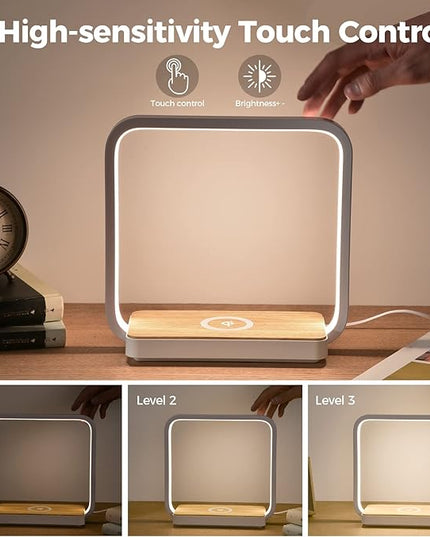 Bedside Lamp Qi Charger LED Desk Lamp with Touch Control 3 Light Hues,Table Lamp Eye-Caring Reading Light for Kids, Adults, Home, Dorm and Office,Wireless Charge for All Qi Devices - LeafyLoom