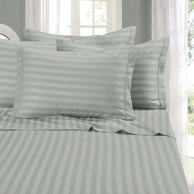 Elegant Comfort Softest and Coziest 4-Piece Sheet Set - 1500 Premium Hotel Quality Microfiber - Deep Pocket, Wrinkle Resistant 4-Piece Damask Stripe Bed Sheet Set, Twin XL, Silver - LeafyLoom