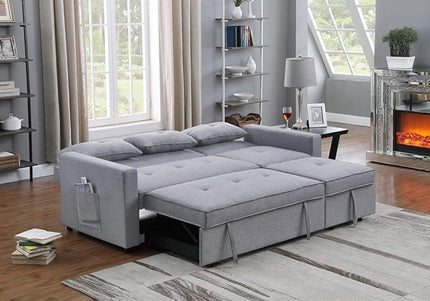 80'' L-Shape Convertible Sleeper Sectional Sofa with Pull-Out Recliner and Bed, Side Pocket, Linen Corner 3 Person Couch for Home Furniture, Living Room, Apartment, Dorm, Light Grey, 80" - LeafyLoom