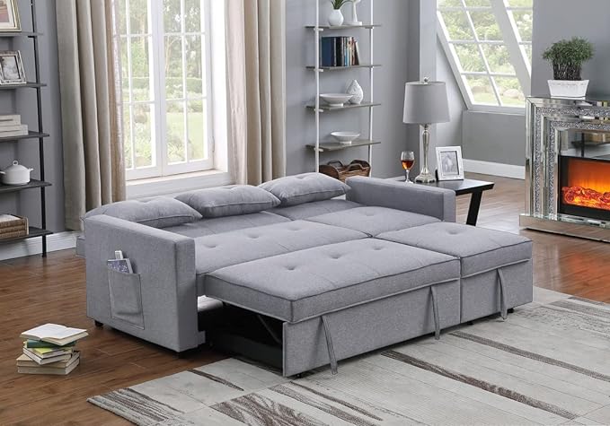 80'' L-Shape Convertible Sleeper Sectional Sofa with Pull-Out Recliner and Bed, Side Pocket, Linen Corner 3 Person Couch for Home Furniture, Living Room, Apartment, Dorm, Light Grey, 80" - LeafyLoom