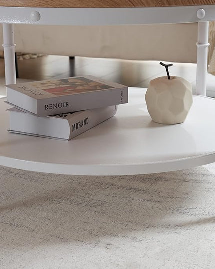 VINGLI 31.5" Natural White Round Farmhouse Coffee Table, 2-Tier Storage Wood Center Circle Accent Table for Living Room, Bedroom, Apartment, Studio and Small Spaces, Sturdy Metal Frame, Natural Color - LeafyLoom