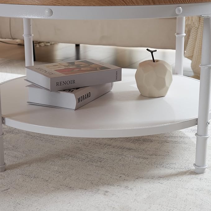 VINGLI 31.5" Natural White Round Farmhouse Coffee Table, 2-Tier Storage Wood Center Circle Accent Table for Living Room, Bedroom, Apartment, Studio and Small Spaces, Sturdy Metal Frame, Natural Color - LeafyLoom