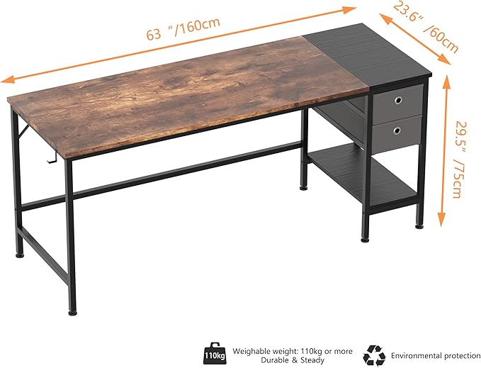 HOMIDEC Office Desk, Computer Desk with Drawers 63" Study Writing Desks for Home with Storage Shelves, Desks & Workstations for Home Office Bedroom - LeafyLoom