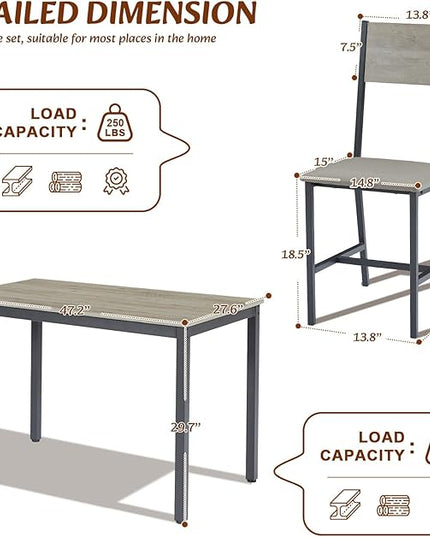 Dining Table Set for 4, Industrial Metal Wood 47.2" Kitchen Dining Table with 4 Upholstered PU Leather Chairs, Indoor Modern Furniture Set for Dining Room, Dinette, Breakfast Nook, Grey - LeafyLoom