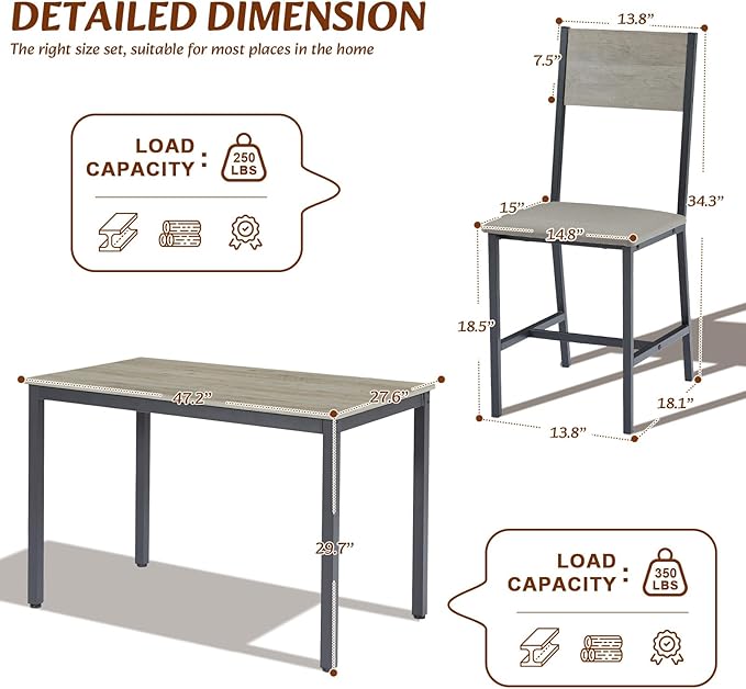 Dining Table Set for 4, Industrial Metal Wood 47.2" Kitchen Dining Table with 4 Upholstered PU Leather Chairs, Indoor Modern Furniture Set for Dining Room, Dinette, Breakfast Nook, Grey - LeafyLoom
