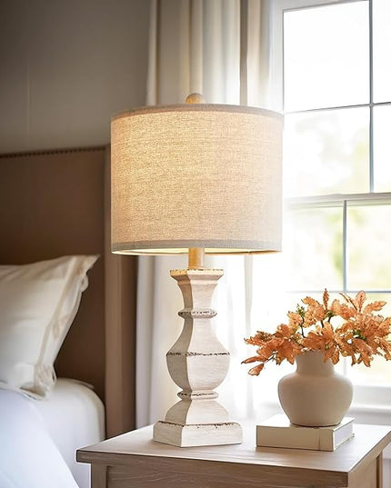 PoKat 20.5" Farmhouse Table Lamp, Vintage Bedside Lamps for Bedroom, Rustic Small End Table Lamps for Living Room, Traditional Nightstand Desk Lamps Distressed Washed White, Suitable for Small Place - LeafyLoom