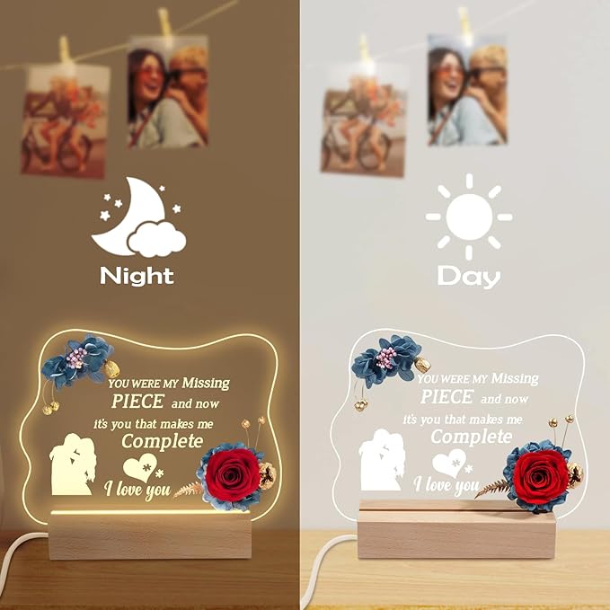 Yamonic Valentines Day Gifts for Her, Handmade Acrylic Plaque with Eternal Real Rose, Night Light with Preserved Rose Romantic Gifts for Girlfriend Wife Women (My Missing Piece) - LeafyLoom