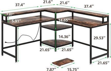 TIYASE L Shaped Desk with Power Outlet and USB Port, 59 in L-Shaped Computer Corner Desk with Storage Shelves, Home Office Desk Workstation with Monitor Stand, Tower Shelf, Rustic Brown - LeafyLoom