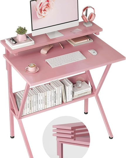 COTUBLR Small Desk, 27.5 Inch Small Computer Desk for Small Spaces, Computer Desk with Adjustable Monitor Stand, Compact Desk with Storage, Tiny Desk Study Desk for Bedroom Home Office, Pink - LeafyLoom