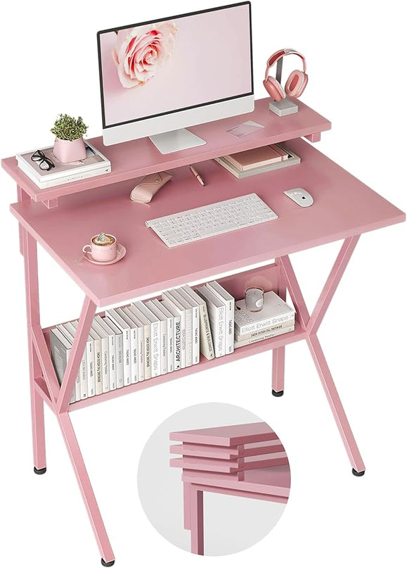 COTUBLR Small Desk, 27.5 Inch Small Computer Desk for Small Spaces, Computer Desk with Adjustable Monitor Stand, Compact Desk with Storage, Tiny Desk Study Desk for Bedroom Home Office, Pink - LeafyLoom