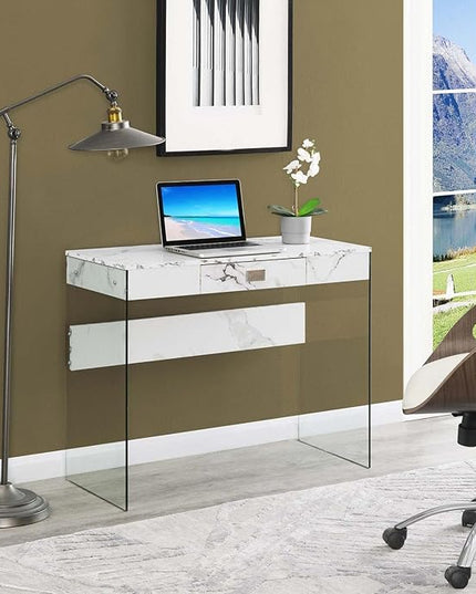 Convenience Concepts SoHo 1 Drawer Glass 36 inch Desk, White Faux Marble/Glass - LeafyLoom