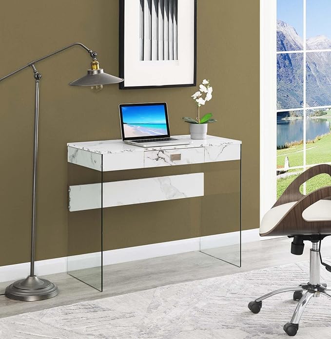 Convenience Concepts SoHo 1 Drawer Glass 36 inch Desk, White Faux Marble/Glass - LeafyLoom