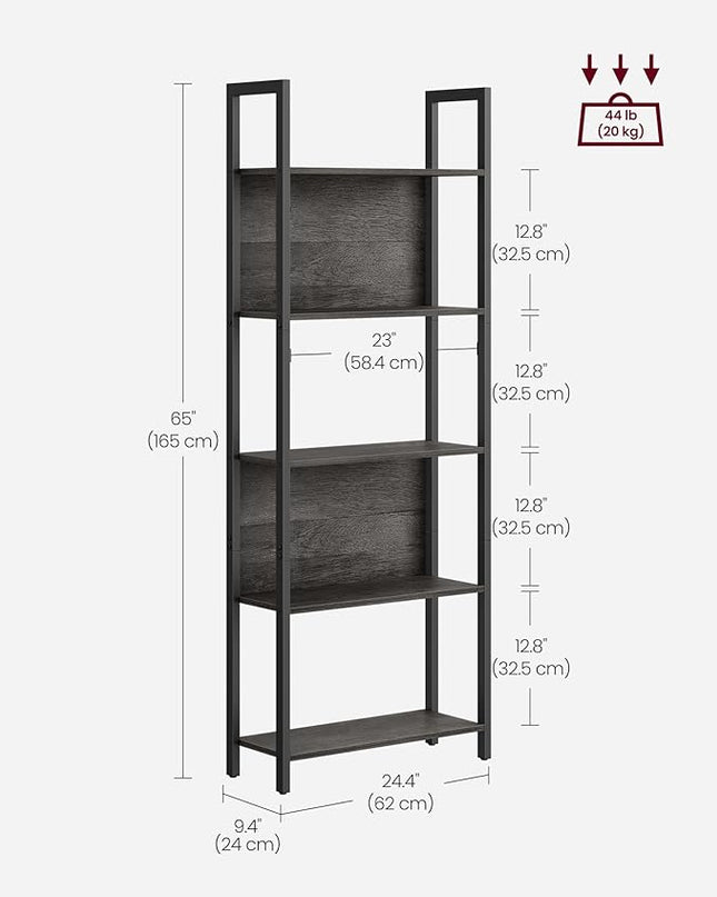 VASAGLE 5-Tier Bookshelf, Book Shelf, Industrial Bookcase, with Steel Frame, for Living Room, Home Office, Bedroom, 9.4 x 24.4 x 65 Inches, Charcoal Gray and Black ULLS025B04 - LeafyLoom