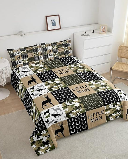 Kids Deer Antlers Animal Silhouettes Comforter Set King Size,Camo Geometric Lattices Bedding Set 3pcs for Adults Cabin Decor,Nordic Boho Arrows Quilt Set,Rustic Retro Green Duvet Insert,2 Pillowcases - LeafyLoom