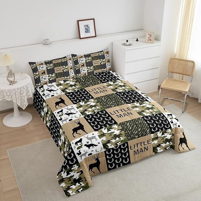 Kids Deer Antlers Animal Silhouettes Comforter Set King Size,Camo Geometric Lattices Bedding Set 3pcs for Adults Cabin Decor,Nordic Boho Arrows Quilt Set,Rustic Retro Green Duvet Insert,2 Pillowcases - LeafyLoom