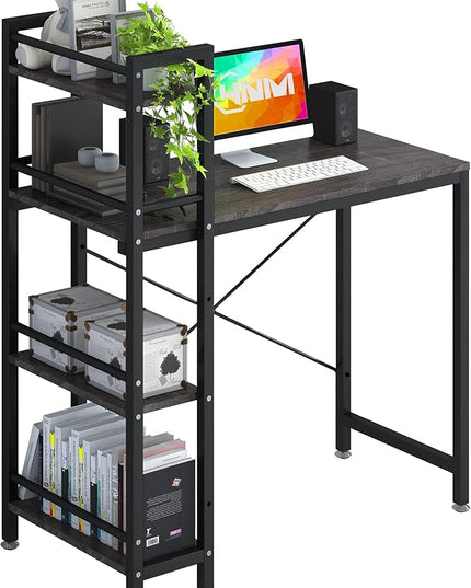 4NM 35" Small Computer Desk with 4-Tier Bookshelf, Home Office Desk Writing Workstation Study Table Multipurpose for Small Space Work - Grey and Black - LeafyLoom