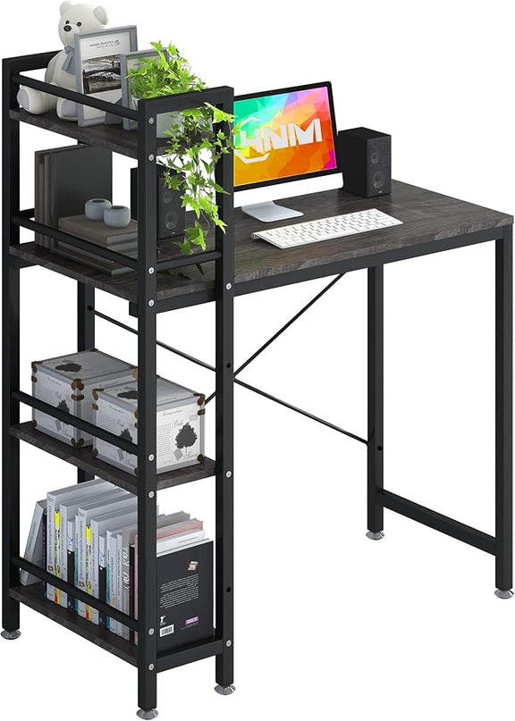 4NM 35" Small Computer Desk with 4-Tier Bookshelf, Home Office Desk Writing Workstation Study Table Multipurpose for Small Space Work - Grey and Black - LeafyLoom
