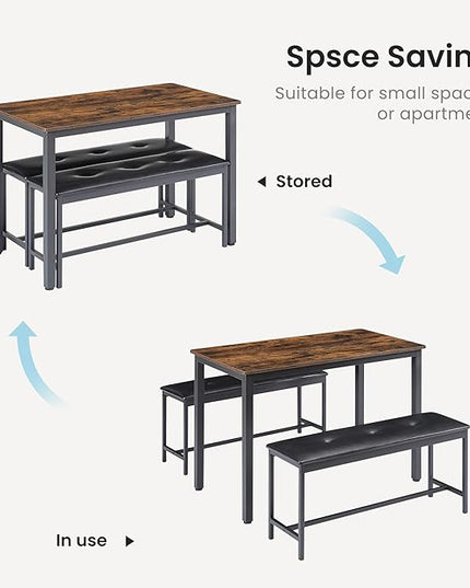 4 Person, 43.3in Kitchen Table 2 Upholstered Benches for 4-6, Nesting Furniture Set for Dining Room Restaurant Small Spaces Pub Bar Bistro Dinette, Rustic Brown-pu - LeafyLoom