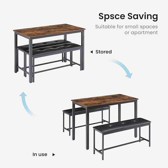 4 Person, 43.3in Kitchen Table 2 Upholstered Benches for 4-6, Nesting Furniture Set for Dining Room Restaurant Small Spaces Pub Bar Bistro Dinette, Rustic Brown-pu - LeafyLoom