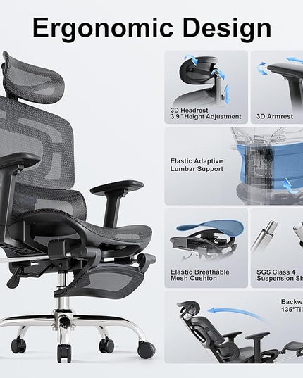 Ergonomic Office Chair, Adaptive Lumbar Support, SGS Class 4 Gas Clylinder 400 LBS Capacity，3D Headrest & Armrest and Retractable Footrest, Mesh Breathable Desk Computer Gaming Chair - LeafyLoom