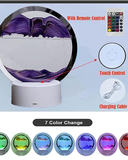 3DMoving Sand Art,360° Rotating Hourglass Decoration table lamp ,7 Color Changing Sand Liquid Motion Desk Lamp,RGB Color Creative Sea Quicksand Moving Sand Art Picture Night Light(Purple with Remote) - LeafyLoom