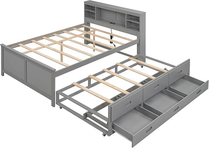 Full Size Platform Bed with Headboard Bookcase, USB Charge, Twin Trundle and 3 Drawers Storage, Wood Captain Bedframe for Bedroom Guest Room, Gray - LeafyLoom