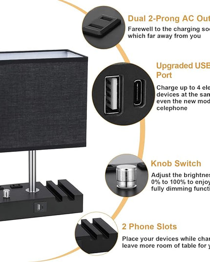 Fully Dimmable Bedside Lamps for Bedroom with USB C Ports, Kakanuo Black USB Table Lamp Set of 2, Wooden Desk Lamp with 2 Charging Outlets and Phone Stand for Nightstand and Living Room, Bulb Included - LeafyLoom