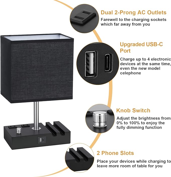 Kakanuo Table Lamp for Bedroom with Dual USB Ports, Fully Dimmable Black Bedside Lamp with Phone Stands and 2 Charging Outlets, Desk Lamp for Nightstand and Living Room, LED Bulb Included - LeafyLoom