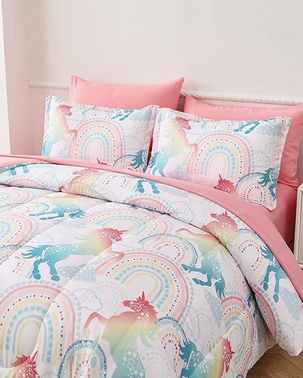 Twin Comforter Set for Girls, 6 Pieces Bed in a Bag, Colorful Unicorn Bedding Comforter Sheet Set, Ultra Soft and Fluffly, Pink & Rainbow Color, Colorful Bed in a Bag for Girls - LeafyLoom