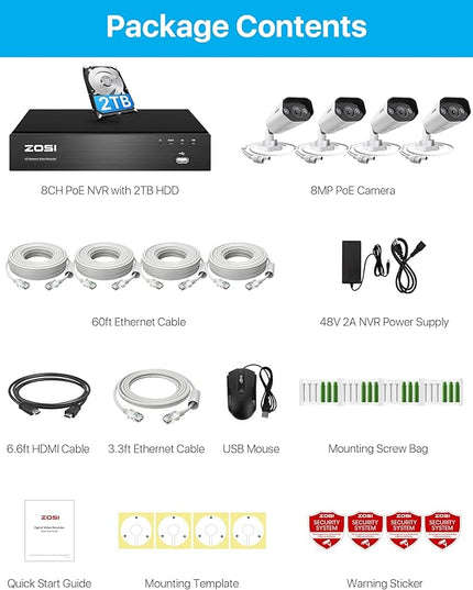 ZOSI 4K Spotlight PoE Security Camera System,8 Port 16CH 8MP NVR with 2TB HDD,4pcs 4K Outdoor Indoor PoE IP Cameras with 2 Way Audio and Siren,Night Vision,Person Vehicle Detection,for 24/7 Recording ZOSI