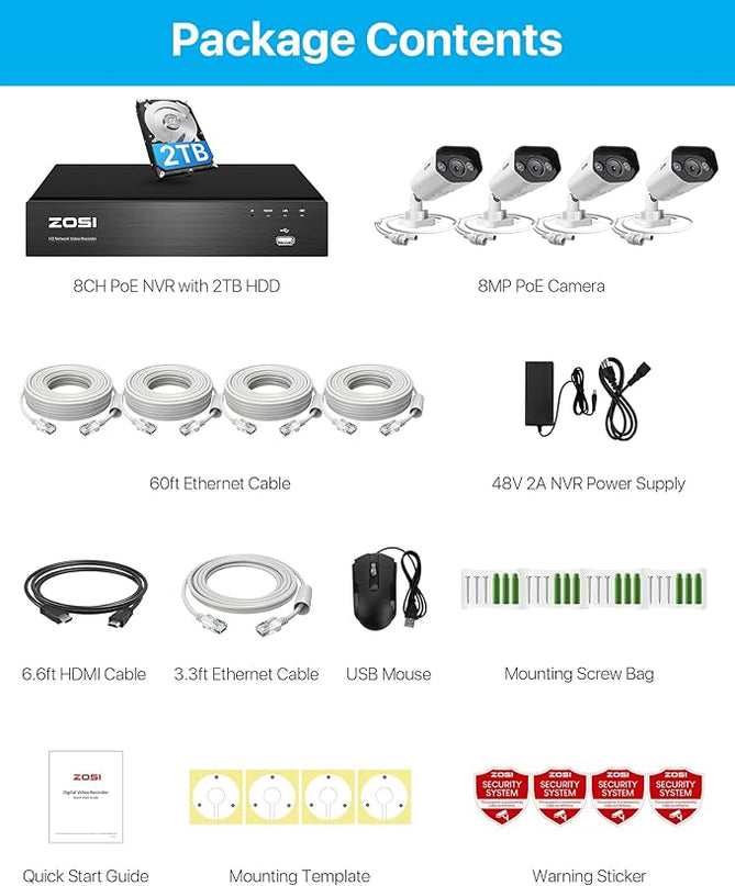 ZOSI 4K Spotlight PoE Security Camera System,8 Port 16CH 8MP NVR with 2TB HDD,4pcs 4K Outdoor Indoor PoE IP Cameras with 2 Way Audio and Siren,Night Vision,Person Vehicle Detection,for 24/7 Recording ZOSI
